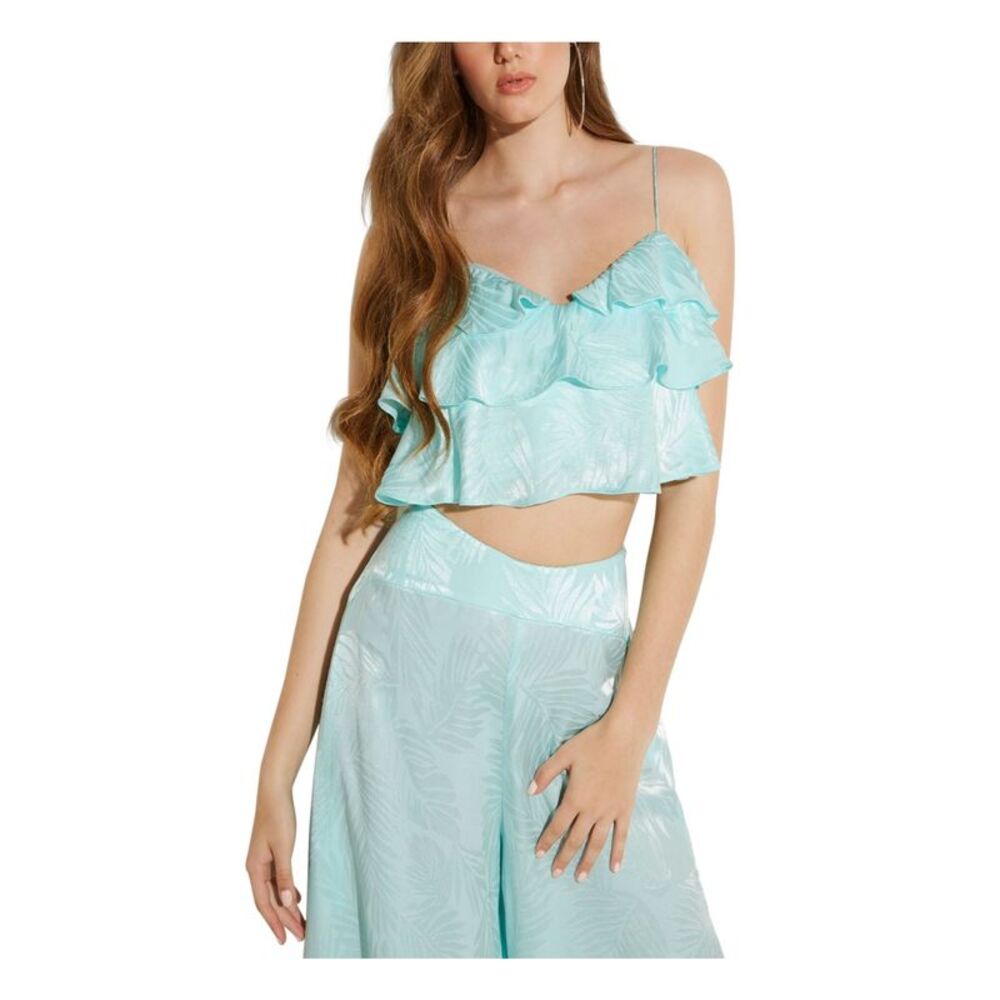 MARCIANO Womens Aqua Ruffled Satin Smocked Spaghetti Strap V Neck Crop Top M
